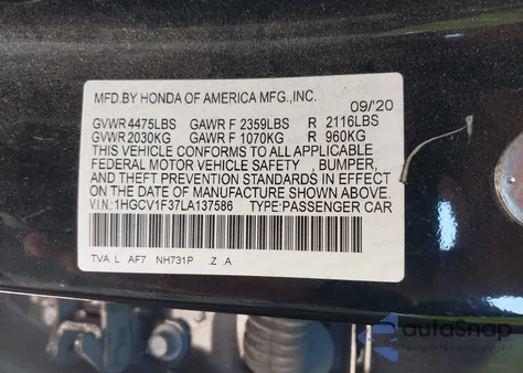 2020 Honda Accord Sport z USA, uszkodzony, nr VIN 1HGCV1F37LA137586